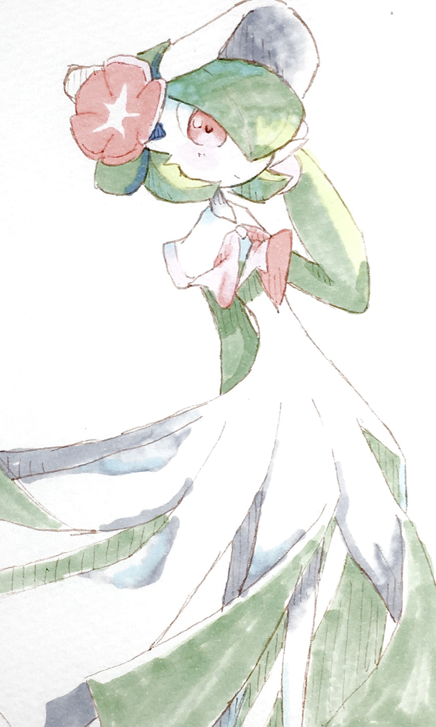 1girl absurdres adjusting_clothes adjusting_headwear arm_behind_back blush bob_cut bonnet capelet closed_mouth clothed_pokemon colored_skin commentary flat_chest flower gardevoir gardevoir_(fashionable) green_hair green_skin hair_over_one_eye hand_up hat hat_flower highres light_blush looking_at_viewer mame_(pixiv_57985908) marker_(medium) multicolored_skin one_eye_covered pokemon pokemon_(creature) pokemon_(game) pokemon_unite red_eyes red_flower short_hair simple_background solo standing traditional_media two-tone_skin white_background white_capelet white_headwear white_skin