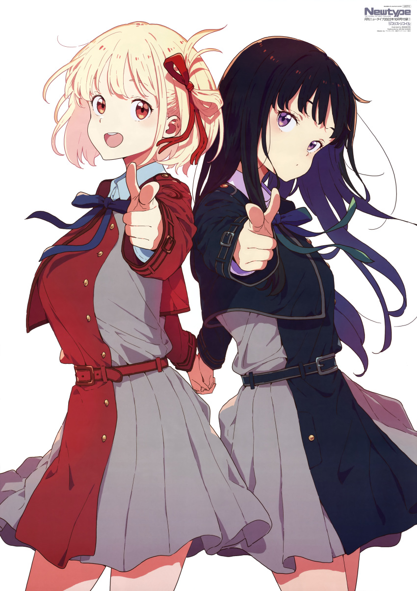 2girls :d absurdres black_hair blonde_hair blue_bow blue_bowtie blue_dress blue_ribbon bow bowtie breasts copyright_name cover dot_mouth dress finger_gun green_bow grey_dress hair_ribbon highres holding_hands imigimuru inoue_takina large_breasts long_hair long_sleeves looking_at_viewer looking_to_the_side lycoris_recoil lycoris_uniform multiple_girls newtype nishikigi_chisato official_art pleated_dress red_eyes red_ribbon red_sleeves ribbon scan school_uniform short_hair small_breasts smile teeth two-tone_dress upper_body upper_teeth_only violet_eyes waist_bow white_background yuri