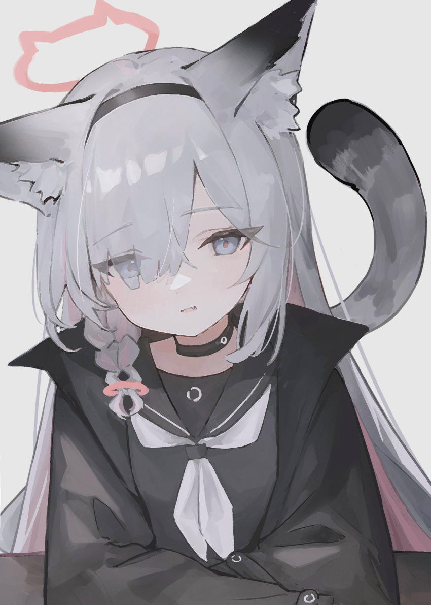 1girl absurdres animal_ears arm_support black_choker black_hairband black_jacket black_sailor_collar black_serafuku black_shirt blue_archive blue_eyes cat_ears cat_tail choker colored_inner_hair eyes_visible_through_hair fang grey_hair hairband halo head_tilt highres jacket kemonomimi_mode looking_at_viewer multicolored_hair neckerchief open_mouth pink_hair plana_(blue_archive) red_pupils sailor_collar school_uniform serafuku shirt swept_bangs tail upper_body white_neckerchief xsan