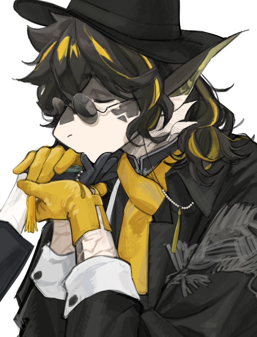 1boy arknights black_coat black_headwear black_shirt chenjuee chinese_commentary closed_eyes coat doctor_(arknights) dragon_boy furry furry_male gloves highres holding_hands kiss kissing_hand lee_(arknights) long_hair male_focus multicolored_hair pointy_ears round_eyewear scarf shirt white_background yellow_gloves yellow_scarf