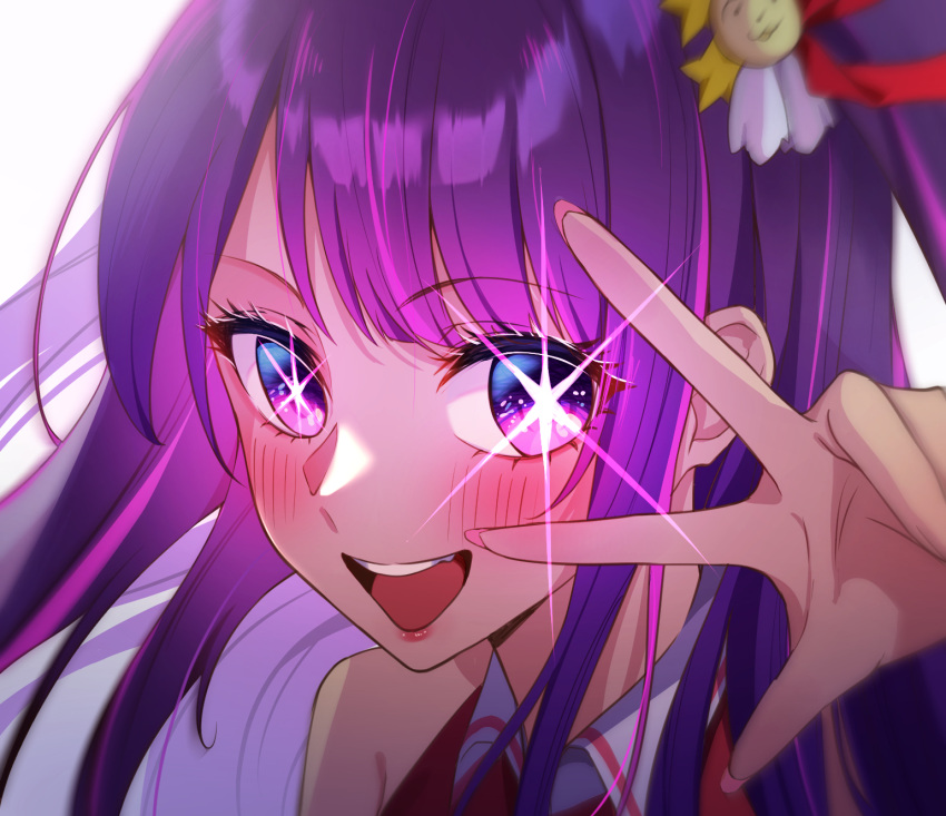 1girl :d blue_eyes blush collared_dress commentary dress english_commentary gradient_eyes hair_ornament hair_ribbon highres hoshino_ai_(oshi_no_ko) idol long_hair looking_at_viewer multicolored_eyes nokmaaa one_side_up open_mouth oshi_no_ko portrait purple_hair rabbit_hair_ornament red_dress red_ribbon ribbon sidelocks sleeveless sleeveless_dress smile solo star-shaped_pupils star_(symbol) star_hair_ornament symbol-shaped_pupils teeth upper_teeth_only violet_eyes w w_over_eye