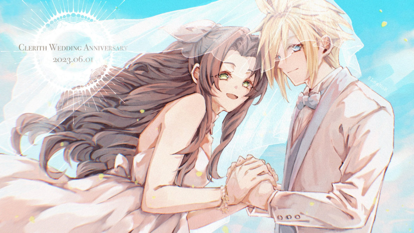 aerith_gainsborough back_bow bare_shoulders blonde_hair blue_bow blue_bowtie blue_eyes blue_sky bow bowtie bracelet bridal_veil brown_hair cloud_strife collared_shirt couple dated dress final_fantasy final_fantasy_vii formal green_eyes hair_between_eyes hair_ribbon hetero highres holding_hands husband_and_wife jacket jewelry leanor_ff14 long_hair long_sleeves looking_at_viewer open_mouth outdoors parted_bangs ponytail ribbon ringlets shirt short_hair sidelocks sky smile spiky_hair strapless strapless_dress suit suit_jacket upper_body veil wavy_hair wedding wedding_dress white_dress white_jacket white_shirt white_suit