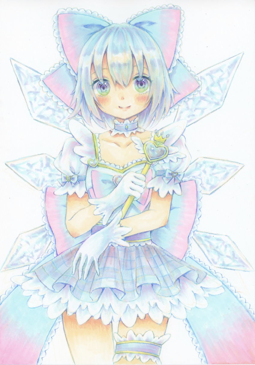 1girl alternate_costume blue_bow blue_eyes blue_hair blush bow breasts checkered_clothes checkered_skirt cirno closed_mouth collarbone commentary_request cowboy_shot gloves gradient_eyes green_eyes hair_bow hand_up heart_wand highres holding holding_wand ice ice_wings lily_k_oekaki looking_at_viewer magical_girl marker_(medium) multicolored_eyes puffy_short_sleeves puffy_sleeves short_hair short_sleeves simple_background skirt small_breasts smile solo thigh_gap thigh_strap touhou traditional_media wand white_background white_gloves wings