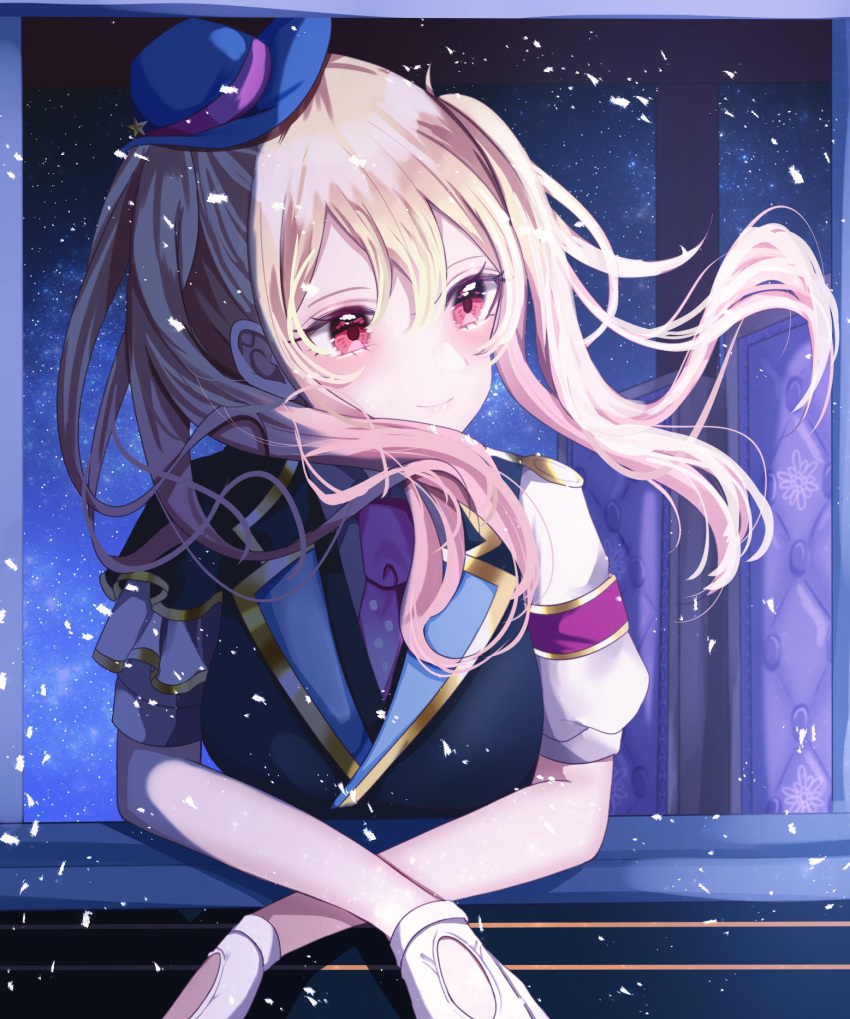 1girl aoitenziku balcony blonde_hair commentary gloves hair_flowing_over hat highres light_smile live_with_memories_(project_sekai) looking_to_the_side night official_alternate_costume project_sekai red_eyes smile solo star_(sky) star_(symbol) tenma_saki white_gloves