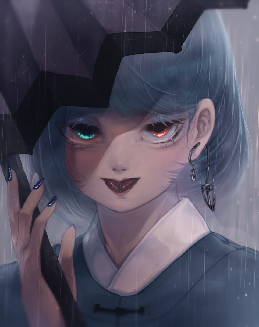 1girl blue_eyes blue_hair blue_nails commentary_request earrings eyes_visible_through_hair grey_background half-closed_eyes hand_up heterochromia highres holding holding_umbrella jewelry lips looking_at_viewer nail_polish nose nostrils portrait rain red_eyes sanpaku simple_background solo swept_bangs tatara_kogasa tongue tongue_out touhou umbrella umbrella_earrings yatsuga_(kouahey_dierci)