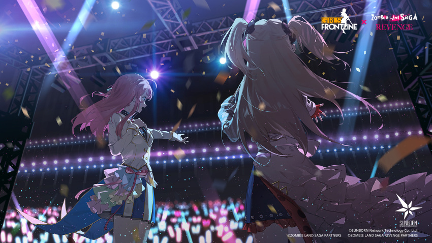 2girls artist_request audience black_bow black_shirt blonde_hair blue_eyes blue_skirt bow buttons commentary company_name copyright_name crossover double-breasted english_commentary fingerless_gloves from_behind girls_frontline gloves glowstick hair_bow highres hk21_(chain_breaker)_(girls'_frontline) hk21_(girls'_frontline) idol jacket long_hair long_sleeves minamoto_sakura multicolored_clothes multicolored_skirt multiple_girls official_alternate_costume official_art open_mouth outstretched_hand pink_hair promotional_art red_gloves shirt skirt smile stage stage_lights twintails very_long_hair white_jacket white_skirt zombie_land_saga