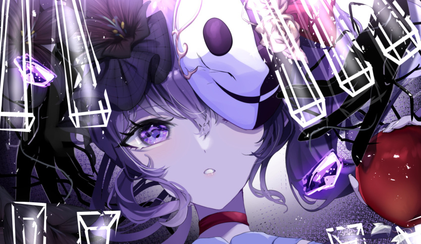 aoitenziku apple asahina_mafuyu black_flower commentary covered_eyes crystal flower food fruit hair_flower hair_ornament highres holding holding_food holding_fruit mask mask_on_head project_sekai purple_hair raised_eyebrow violet_eyes