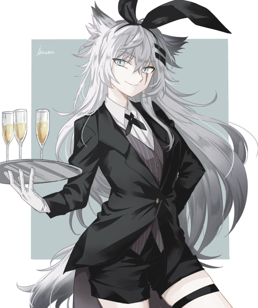 1girl animal_ears arknights black_hair black_suit closed_mouth cocktail_glass collared_shirt cup drinking_glass formal gloves green_eyes highres itonatsu lappland_(arknights) long_hair looking_at_viewer multicolored_hair shirt shorts smile solo suit tail thigh_strap tray white_gloves white_hair white_shirt wolf_ears wolf_girl wolf_tail