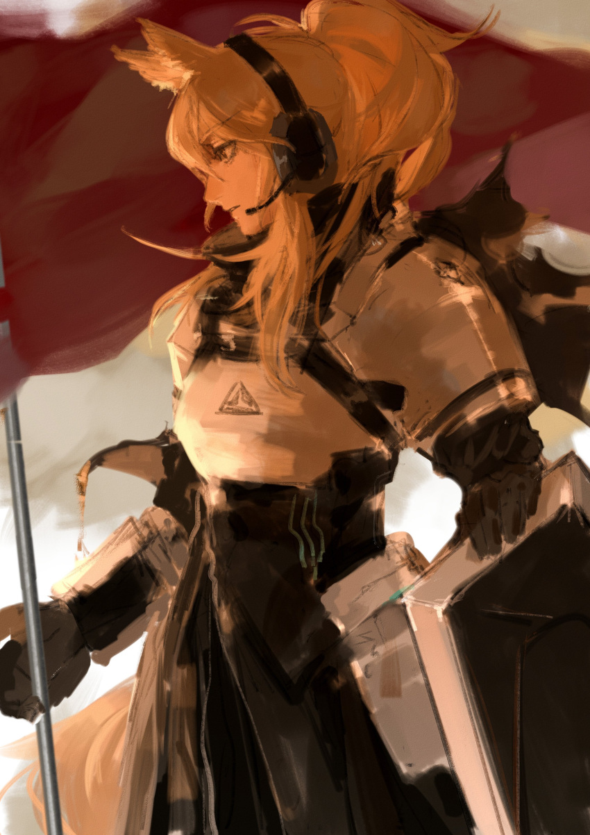 1girl absurdres animal_ears arknights armor black_dress black_gloves blonde_hair brown_eyes chest_armor dress flagpole from_side gloves headset highres holding holding_pole holding_shield horse_ears horse_girl implied_extra_ears long_hair long_sleeves nearl_(arknights) painting_(medium) pauldrons plate_armor pole ponytail profile shield shoulder_armor solo standing traditional_media vaticancameos_c