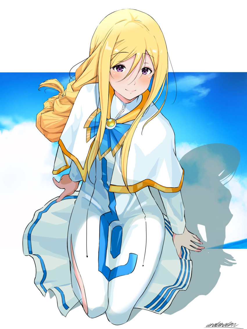 1girl alicia_florence andanden aria aria_company_uniform arm_support blonde_hair blue_bow blue_bowtie blue_sky bow bowtie braid braided_ponytail capelet closed_mouth clouds cloudy_sky dress eyelashes full_body gold_trim hair_between_eyes highres kneeling long_dress long_hair looking_at_viewer on_ground shadow side_slit signature sky smile solo white_capelet white_dress