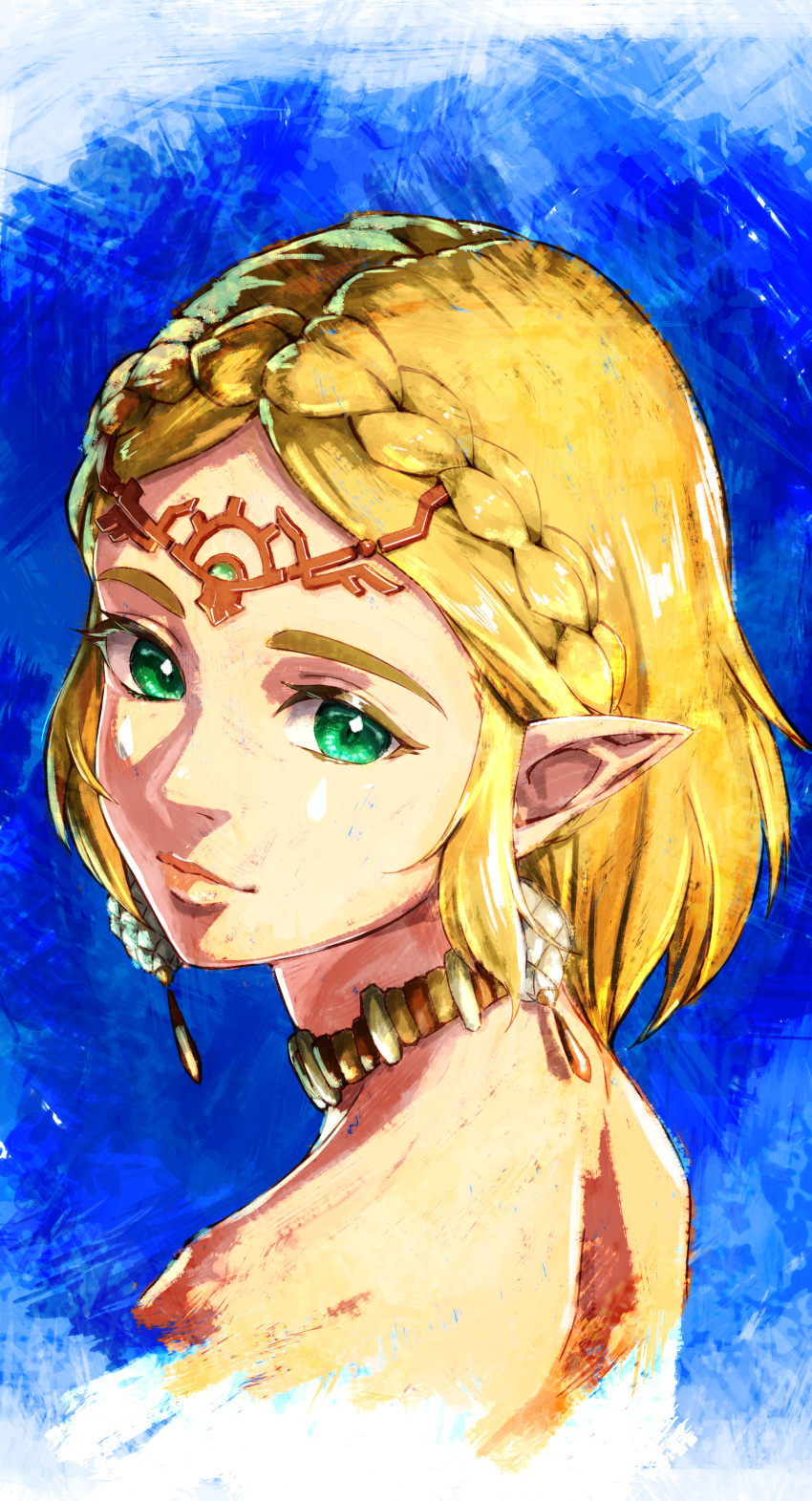 1girl absurdres aduti_momoyama bare_shoulders blonde_hair blue_background braid circlet closed_mouth commentary_request crown_braid earrings green_eyes highres jewelry looking_at_viewer looking_to_the_side necklace official_alternate_costume parted_bangs pointy_ears princess_zelda short_hair solo the_legend_of_zelda the_legend_of_zelda:_tears_of_the_kingdom upper_body