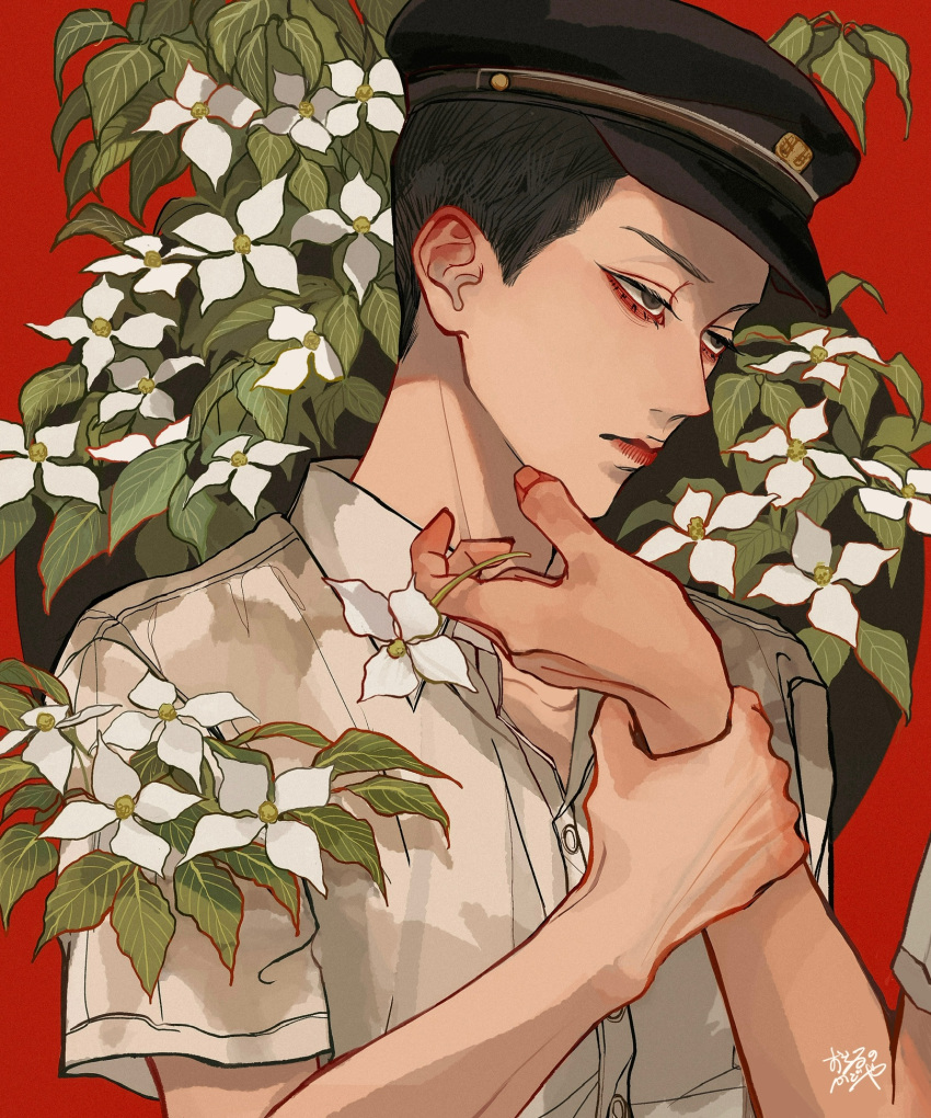 2boys black_hair black_headwear brown_eyes closed_mouth collared_shirt commentary_request dogwood_(flower) flower half-closed_eyes hat highres holding_another's_wrist kagoya1219 leaf looking_at_another male_focus multiple_boys original out_of_frame peaked_cap plant red_background shirt short_hair short_sleeves signature solo_focus standing upper_body very_short_hair white_flower white_shirt