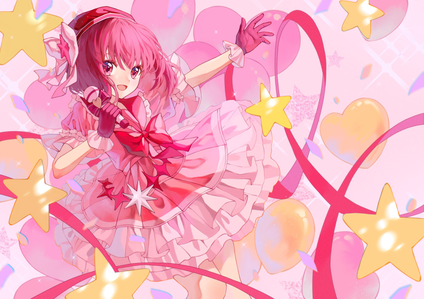 1girl absurdres arima_kana balloon bob_cut bow dress gloves headband heart_balloon highres holding holding_microphone idol microphone open_mouth oshi_no_ko pink_dress pink_gloves pink_sailor_collar red_bow red_eyes red_headband redhead sailor_collar short_hair smile solo star_(symbol) xiang_yu_pai