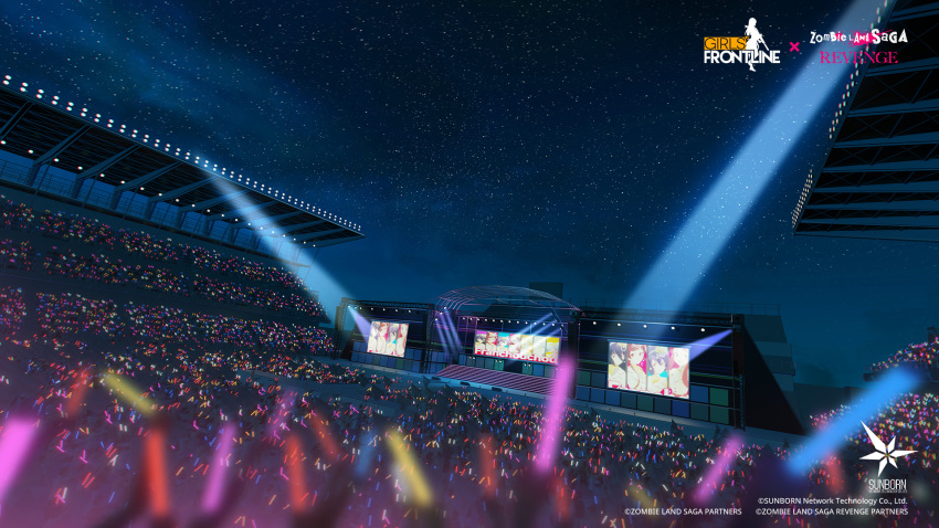 artist_request audience commentary company_name concert copyright_name english_commentary girls_frontline glowstick highres holding_glowstick hoshikawa_lily konno_junko minamoto_sakura mizuno_ai night nikaidou_saki official_art outdoors promotional_art sky spotlight stage star_(sky) starry_sky yamada_tae yuugiri_(zombie_land_saga) zombie_land_saga