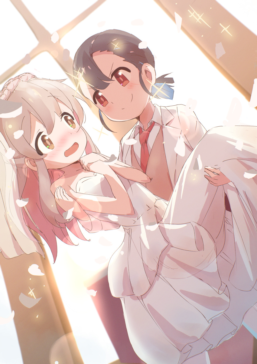 2girls absurdres blush bride brown_hair carrying carrying_person commentary_request dress genderswap genderswap_(mtf) groom highres hozuki_momiji kaai_yuu long_hair looking_at_another multiple_girls necktie onii-chan_wa_oshimai! open_mouth orange_eyes oyama_mahiro pink_hair princess_carry red_eyes skirt smile sparkle sunlight tuxedo wedding_dress wife_and_wife yuri