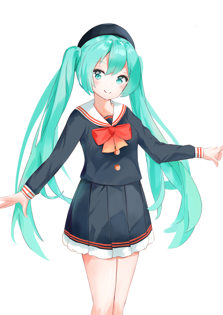 1girl absurdres aqua_hair beret black_headwear black_shirt black_skirt blue_eyes bow closed_mouth commentary feet_out_of_frame hair_between_eyes hat hatsune_miku highres long_hair long_sleeves looking_at_viewer pleated_skirt red_bow shirt simple_background skirt smile solo standing twintails very_long_hair vocaloid white_background yukaa