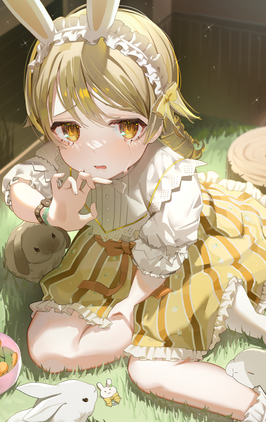 1girl animal_ears black_wristband blonde_hair blush bow bowl brown_bow brown_eyes crying crying_with_eyes_open dot_nose dress_bow drill_hair fake_animal_ears food frilled_shirt frilled_skirt frills hair_ribbon hairband hand_up highres idolmaster idolmaster_cinderella_girls idolmaster_cinderella_girls_starlight_stage light_brown_hair long_hair looking_at_viewer morikubo_nono neck_ribbon ningen_mame on_grass open_mouth rabbit rabbit_ears ribbon ringlets shirt short_sleeves sitting skirt socks solo striped striped_skirt teardrop tears tree_stump two-tone_skirt vegetable white_hairband white_headdress white_ribbon white_shirt white_socks yellow_ribbon yokozuwari