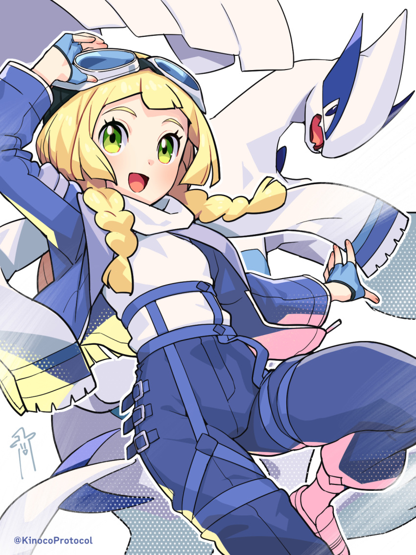 1girl :d adjusting_goggles arm_up blonde_hair blue_jacket blue_pants braid commentary_request cosplay ethan_(pokemon) ethan_(pokemon)_(cosplay) ethan_(sygna_suit)_(pokemon) eyelashes fingerless_gloves floating_scarf gloves goggles goggles_on_head green_eyes highres jacket kinocopro lillie_(pokemon) long_hair lugia open_clothes open_jacket open_mouth pants pokemon pokemon_(creature) pokemon_(game) pokemon_masters_ex pokemon_sm scarf shirt smile tongue twin_braids twitter_username watermark white_scarf white_shirt