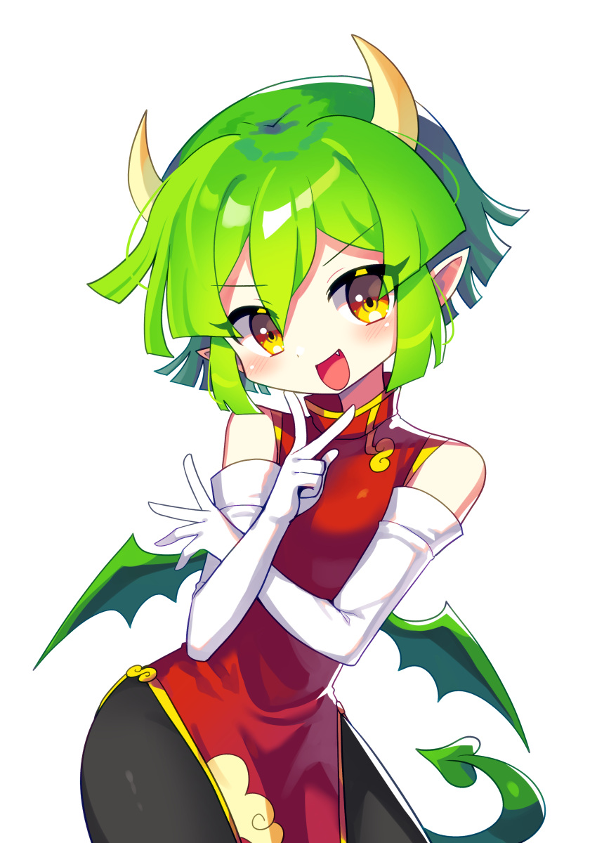 1girl absurdres black_gloves black_pants blush brown_eyes china_dress chinese_clothes draco_centauros dragon_girl dragon_horns dragon_tail dragon_wings dress elbow_gloves fang gloves green_hair highres horns looking_at_viewer offbeat open_mouth pants pointy_ears puyopuyo red_dress short_hair simple_background sleeveless sleeveless_dress smile solo tail v white_background wings