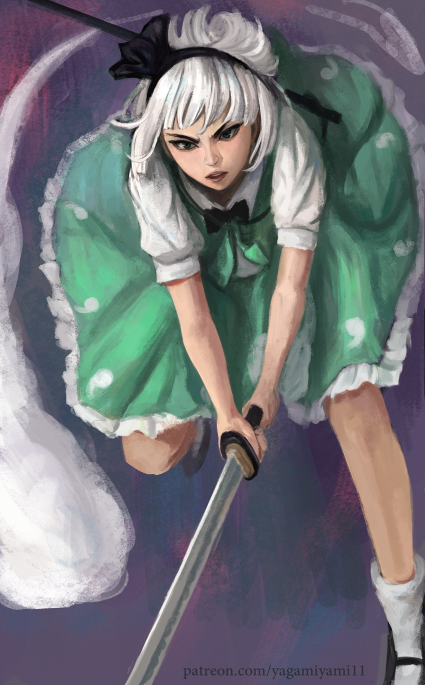 1girl absurdres black_bow black_bowtie bow bowtie circle_skirt foot_out_of_frame from_above green_skirt green_vest grey_hair highres hitodama_print holding holding_sword holding_weapon katana konpaku_youmu short_hair skirt skirt_set solo sword touhou two-handed vest weapon yagami11