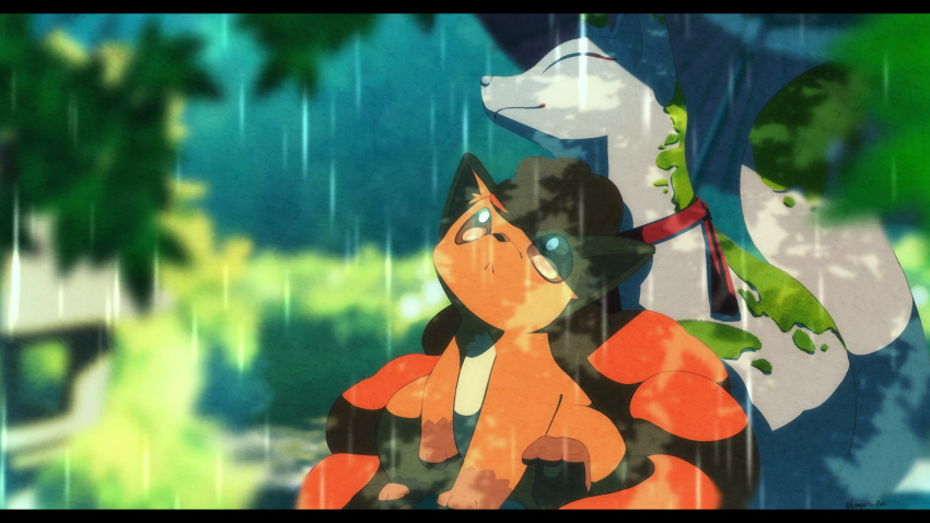 :&lt; blurry blurry_foreground brown_eyes closed_mouth commentary_request day highres kompeito_fox looking_up no_humans outdoors pokemon pokemon_(creature) rain solo statue vulpix