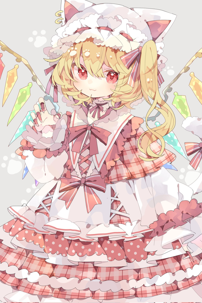 1girl alternate_costume animal_ears blonde_hair cat_ears closed_mouth crystal dress fingernails flandre_scarlet frilled_dress frilled_sleeves frills grey_background hair_between_eyes hat highres layered_dress long_fingernails long_hair long_sleeves looking_at_viewer mob_cap nail_polish nikorashi-ka one_side_up plaid plaid_dress red_dress red_eyes red_nails sharp_fingernails simple_background smile solo touhou upper_body white_dress white_headwear wings