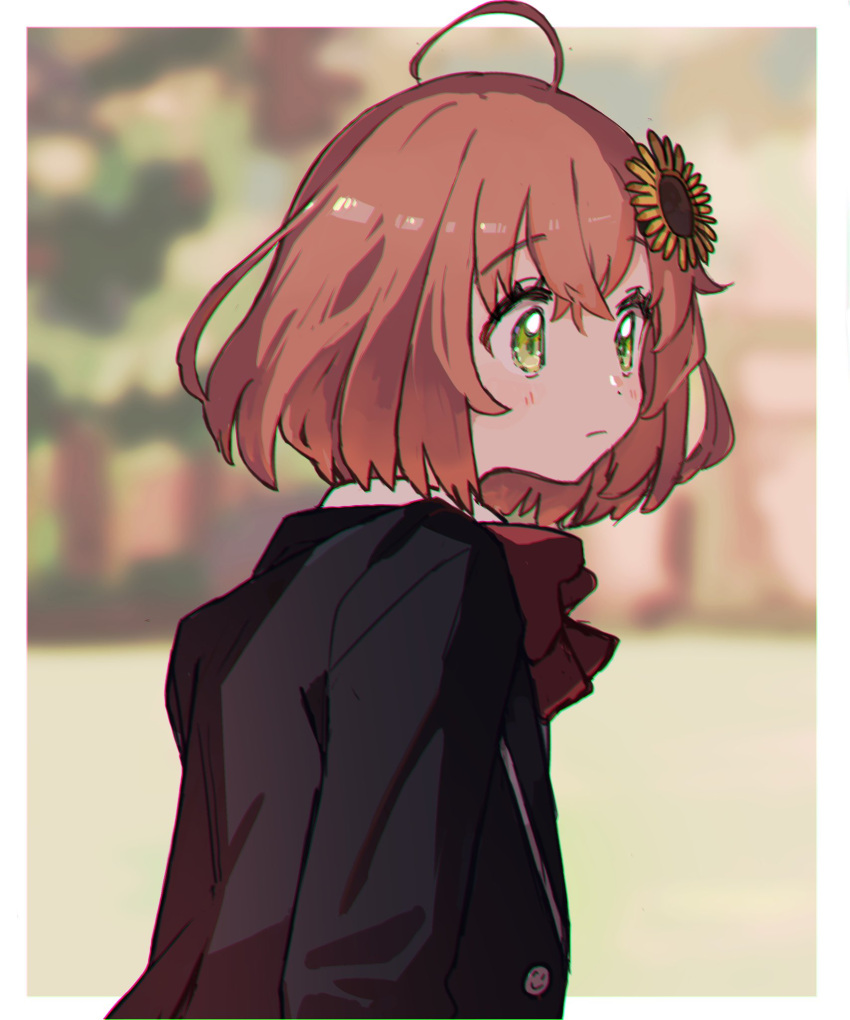 1girl ahoge arms_at_sides black_jacket blurry blush border bow bowtie chromatic_aberration closed_mouth day dot_nose eyelashes facing_to_the_side flower frown fxxk_pote10 green_eyes hair_between_eyes hair_flower hair_ornament hairclip highres honma_himawari jacket light_frown looking_afar medium_hair neon_trim nijisanji orange_hair outdoors outside_border raised_eyebrows red_bow school_uniform shirt solo sunflower sunflower_hair_ornament tareme tree virtual_youtuber white_border white_shirt