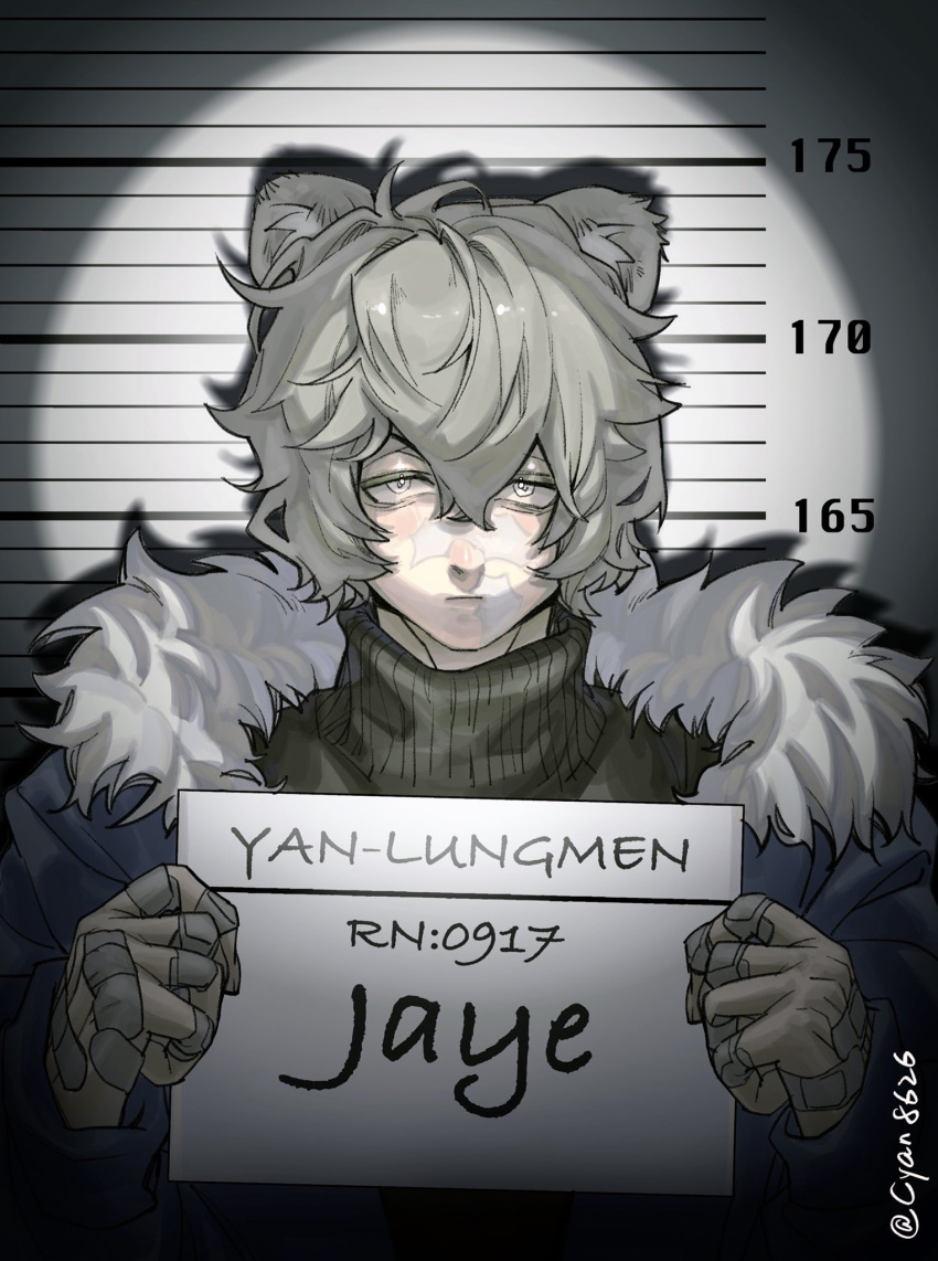 1boy animal_ears arknights bandaid bear_boy bear_ears card chinese_commentary cyan8626 grey_hair height_chart highres holding holding_card jacket jaye_(arknights) looking_at_viewer male_focus mugshot open_clothes open_jacket solo spotlight sweater turtleneck turtleneck_sweater twitter_username vitiligo