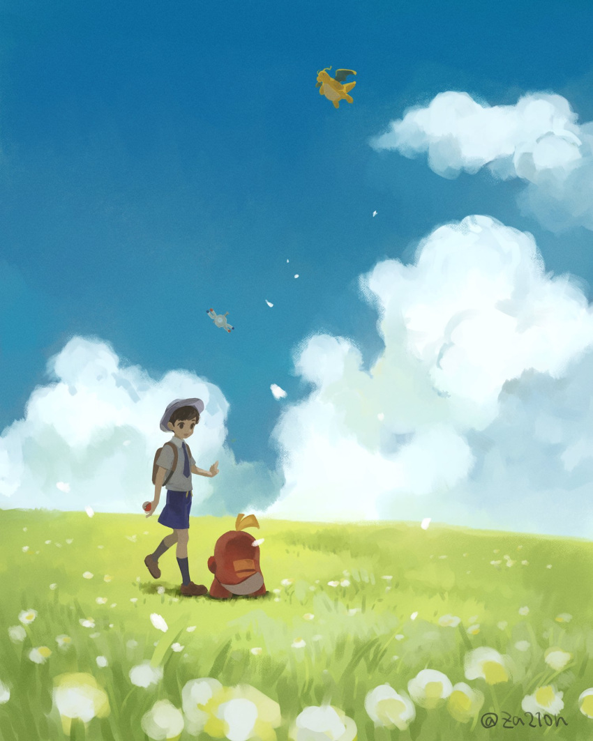 1boy backpack bag blue_sky clouds day dragonite field florian_(pokemon) flower flower_field fuecoco grass hat highres holding holding_poke_ball magnemite male_focus outdoors petals poke_ball poke_ball_(basic) pokemon pokemon_(game) pokemon_sv shirt shorts sky socks twitter_username walking white_flower white_headwear white_shirt yellow_flower za210n