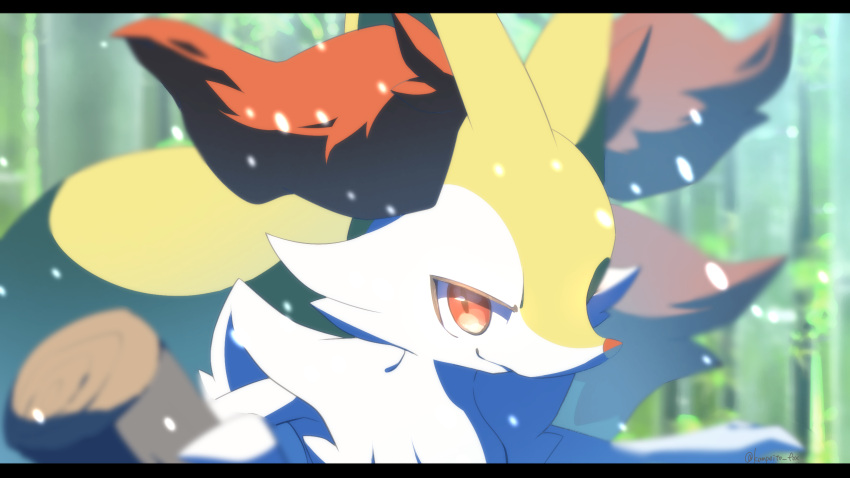 1other animal_ear_fluff animal_ears animal_nose artist_name blurry blurry_background blurry_foreground body_fur braixen closed_mouth commentary_request depth_of_field fox_ears furry green_background happy highres kompeito_fox letterboxed looking_at_viewer neck_fur other_focus outdoors partial_commentary pokemon pokemon_(creature) red_eyes signature smile snout snowing solo twitter_username two-tone_fur upper_body white_fur yellow_fur