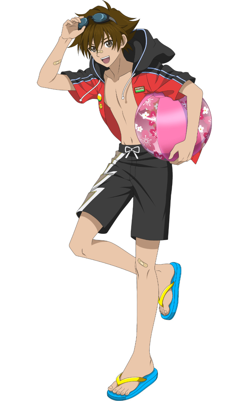 1boy ahoge ball bandaid bandaid_on_arm bandaid_on_face bandaid_on_knee bandaid_on_leg bandaid_on_nose beachball brown_hair english_commentary feet flip-flops full_body goggles goggles_on_head hair_between_eyes highres holding holding_ball hood kor_meteor legs male_focus male_swimwear navel official_art open_clothes open_mouth open_shirt sandals short_sleeves solo swim_trunks tales_of_(series) tales_of_asteria tales_of_hearts teeth toenails toes topless_male transparent_background upper_teeth_only