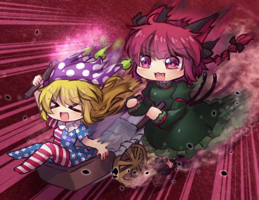 &gt;_&lt; 2girls american_flag american_flag_dress american_flag_legwear animal_ears black_bow black_tail blonde_hair bow braid cat_ears closed_eyes clownpiece commentary_request dress dust fang green_dress hair_bow hat jester_cap kaenbyou_rin long_sleeves multiple_girls multiple_tails neck_ruff no_wings one-hour_drawing_challenge open_mouth polka_dot polka_dot_headwear purple_headwear red_background red_eyes redhead side_braid smile star_(symbol) star_print striped striped_dress tail torch touhou twin_braids two_tails unime_seaflower wheelbarrow