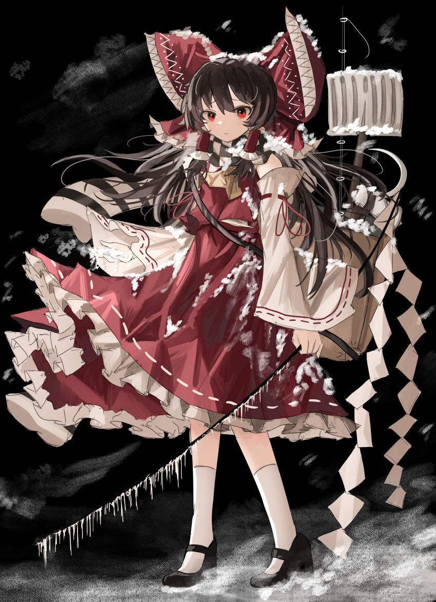 1girl absurdres ascot bag black_footwear black_hair bow checkered_clothes checkered_scarf commentary detached_sleeves fishing_rod frilled_bow frilled_hair_tubes frills gohei hair_bow hair_tubes hakurei_reimu highres holding holding_gohei ice icicle japanese_clothes long_hair looking_at_viewer miko nontraditional_miko ougiikun outdoors red_bow red_eyes red_skirt ribbon_trim scarf shoes shoulder_bag shovel skirt skirt_set snow snow_shovel socks solo touhou white_socks wide_sleeves yellow_ascot