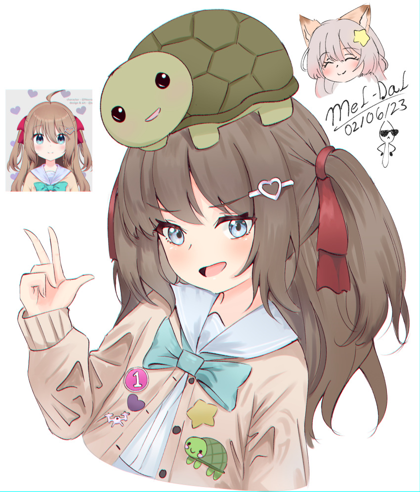 1girl absurdres annytf blue_eyes blush cardigan hair_ornament hair_ribbon hand_up highres indie_virtual_youtuber light_brown_hair looking_at_viewer melarts neuro-sama ribbon school_uniform serafuku smug turtle upper_body vedal987 virtual_youtuber yellow_cardigan