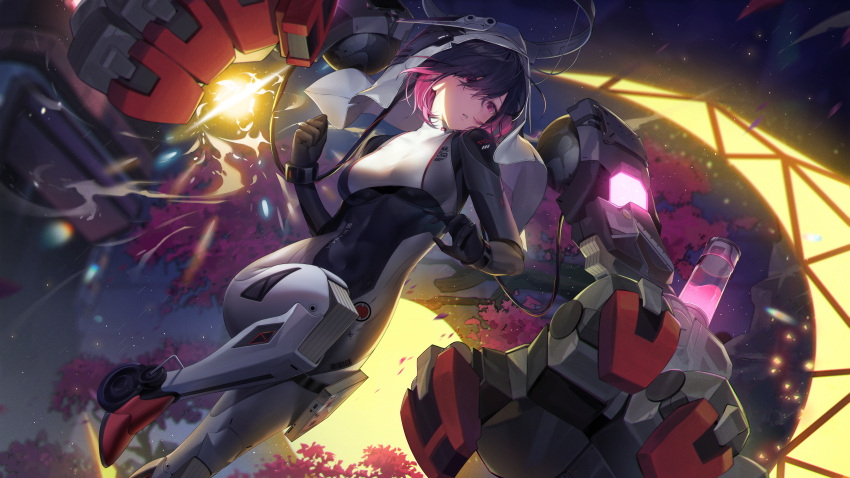 1girl absurdres barcode black_bodysuit black_gloves black_hair black_veil bodysuit breasts commentary covered_navel english_commentary foot_out_of_frame gloves halo highres light_blush looking_afar lyra_(tower_of_fantasy) mechanical_arms mechanical_halo medium_breasts monosucre multicolored_hair parted_lips pink_eyes pink_hair short_hair solo streaked_hair thigh_strap tower_of_fantasy two-tone_bodysuit veil white_bodysuit