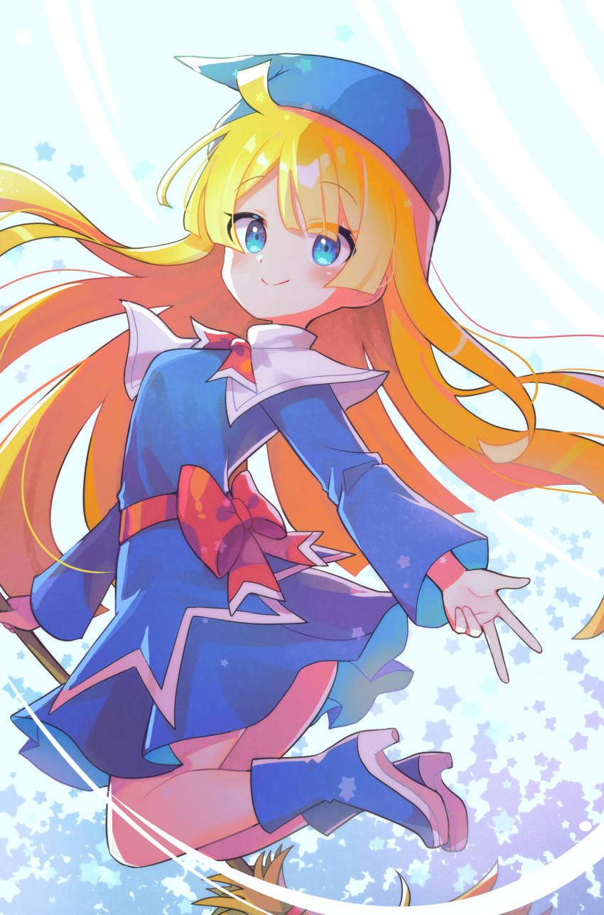 1girl absurdres blonde_hair blue_dress blue_eyes blue_footwear blue_headwear boots capelet closed_mouth dress full_body high_heel_boots high_heels highres long_hair long_sleeves looking_at_viewer offbeat puyopuyo simple_background smile solo white_background white_capelet witch witch_(puyopuyo)
