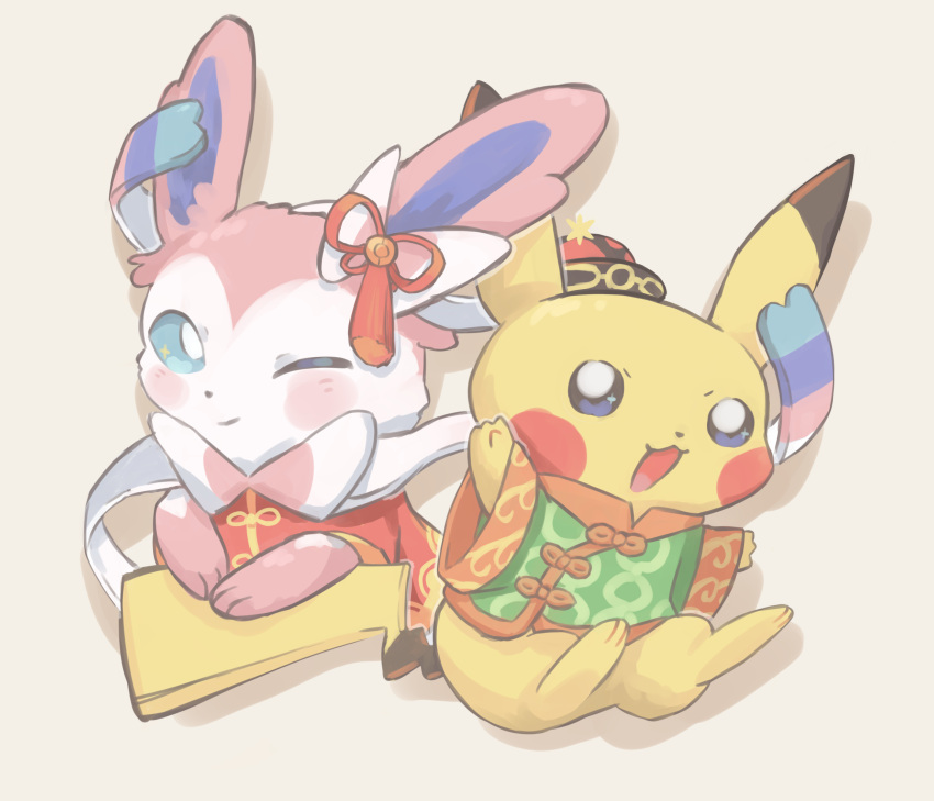 :3 absurdres animal_focus arms_up blue_eyes blue_sclera blush blush_stickers bottomless bow bowtie china_dress chinese_clothes closed_mouth clothed_pokemon colored_sclera commentary dress full_body grey_background hair_bow happy hat highres looking_at_viewer mame_(pixiv_57985908) no_humans one_eye_closed open_mouth orange_trim pikachu pink_bow pink_bowtie poke_ball_symbol pokemon pokemon_(creature) red_dress ribbon short_sleeves simple_background smile sylveon tassel white_eyes white_ribbon wide_sleeves