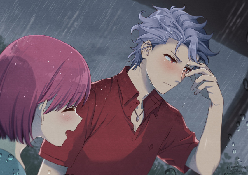 1boy 1girl blush bob_cut closed_eyes collared_shirt grey_hair hand_to_own_face jewelry krudears necklace open_mouth pink_hair protagonist_(tokimemo_gs3) rain red_eyes red_shirt shirt shitara_seiji short_hair short_sleeves smile tokimeki_memorial tokimeki_memorial_girl's_side_3rd_story upper_body wet wet_hair