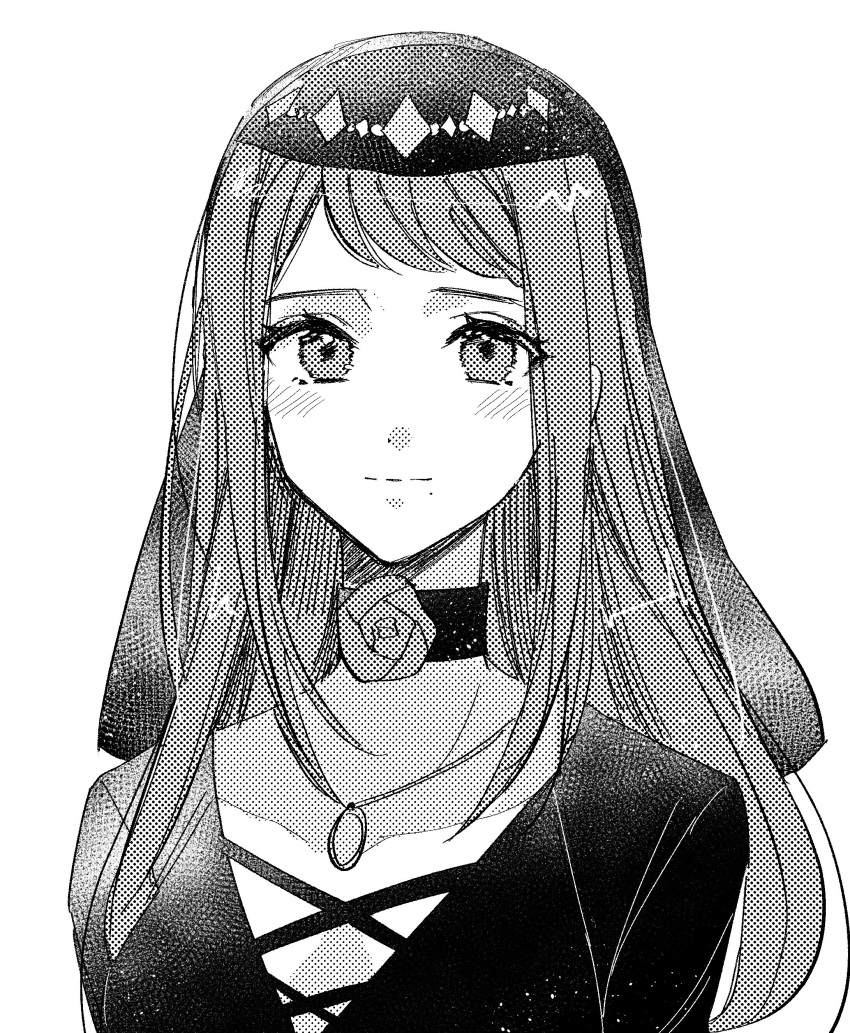 1girl absurdres black_headwear blush close-up dress fire_emblem fire_emblem_engage flower greyscale hair_ornament highres illust_mi ivy_(fire_emblem) jewelry long_hair looking_at_viewer mole mole_under_mouth monochrome official_alternate_costume portrait rose simple_background smile solo straight-on swept_bangs upper_body white_background