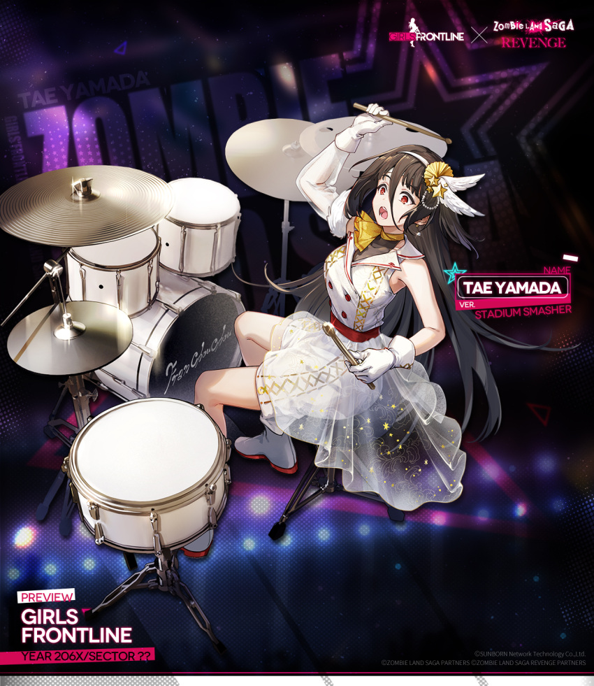 1girl ascot bandaged_head bandages black_hair boots breasts buttons character_name colored_shoe_soles commentary copyright_name cymbals double-breasted dress drum drum_set drumsticks earrings english_commentary english_text full_body fur-trimmed_sleeves fur_trim girls_frontline gloves hair_between_eyes hairband highres holding holding_drumsticks imoko_(imonatsuki) instrument jewelry large_breasts long_hair music no_socks official_alternate_costume official_art open_mouth playing_instrument promotional_art red_eyes see-through see-through_sleeves single_sleeve sitting solo star_(symbol) white_dress white_footwear white_gloves white_hairband yamada_tae yellow_ascot zombie_land_saga
