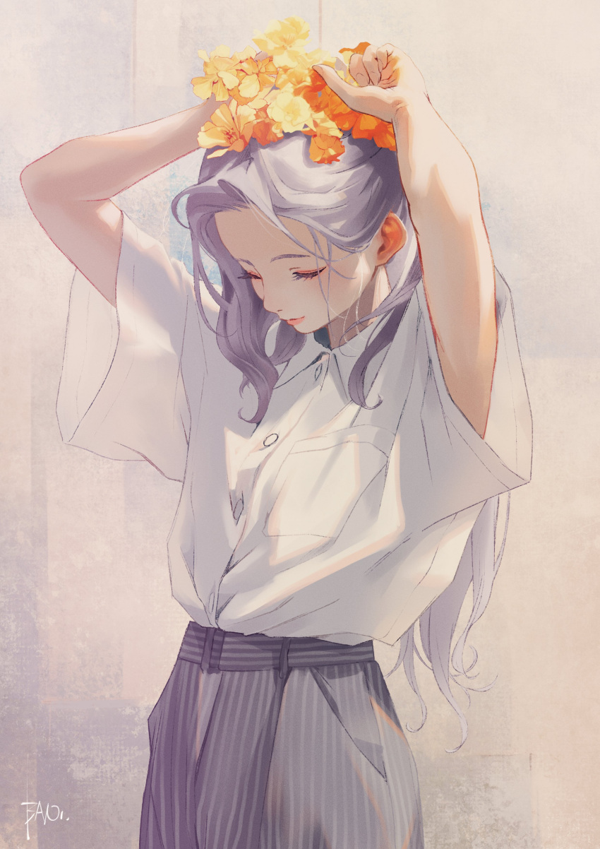 1girl absurdres bani-lizo buttons closed_eyes closed_mouth dress_shirt eyelashes flower flower_on_head grey_hair highres lips long_hair orange_flower original pink_lips shirt short_sleeves signature smile solo upper_body wide_sleeves