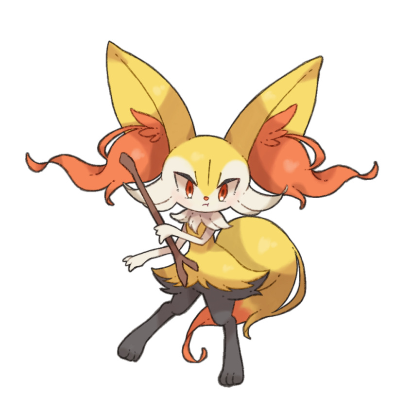 1girl :t animal_ear_fluff animal_ears animal_feet animal_hands animal_nose black_fur blush body_fur braixen closed_mouth feet flat_chest forehead fox_ears fox_girl fox_tail full_body furry furry_female hand_up holding holding_stick legs light_blush looking_at_viewer multicolored_fur neck_fur pokemon pokemon_(creature) pout red_eyes simple_background solo standing stick tail towa_(clonea) white_background white_fur yellow_fur