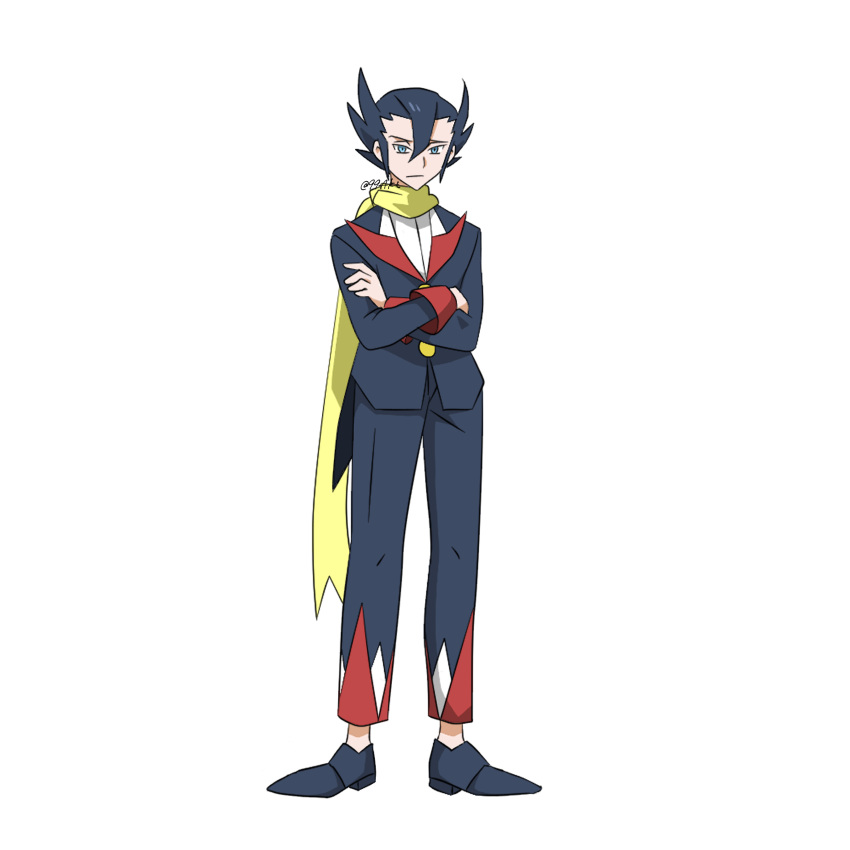 1boy 99akt1031 absurdres aqua_eyes black_footwear black_hair black_jacket black_pants buttons closed_mouth commentary_request crossed_arms full_body grimsley_(pokemon) hair_between_eyes highres jacket long_sleeves looking_at_viewer male_focus pants pointy_hair pokemon pokemon_(game) pokemon_bw scarf shirt shoes simple_background solo standing white_background white_shirt yellow_scarf