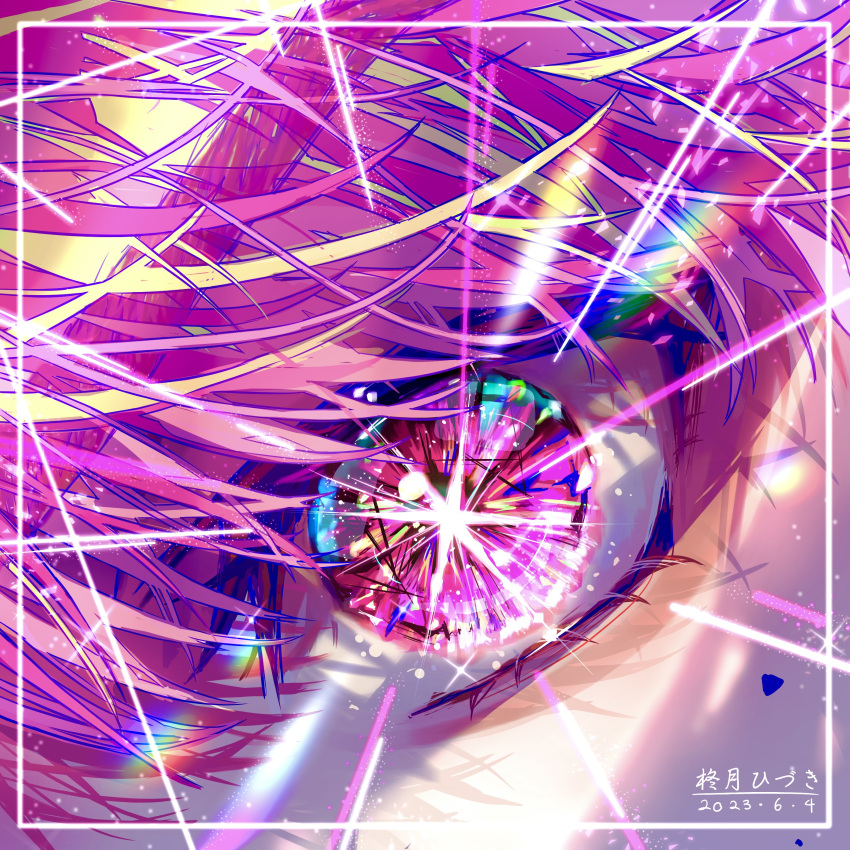 1boy absurdres animification artist_name blue_eyes close-up commentary_request dated eye_focus highres hizuki_0525 lens_flare light_particles looking_at_viewer male_focus multicolored_eyes oshi_no_ko pink_eyes pink_hair pink_theme real_life sakuma_daisuke solo star-shaped_pupils star_(symbol) symbol-shaped_pupils