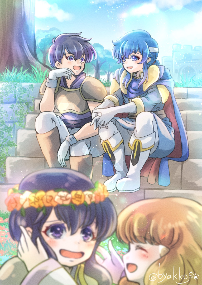 2boys 2girls byakkos day fire_emblem fire_emblem:_genealogy_of_the_holy_war fire_emblem_heroes flower flower_wreath flustered grass head_wreath highres lana_(fire_emblem) larcei_(fire_emblem) multiple_boys multiple_girls open_mouth outdoors scathach_(fire_emblem) seliph_(fire_emblem) siblings sitting sitting_on_stairs smile stairs stone_stairs tree twins