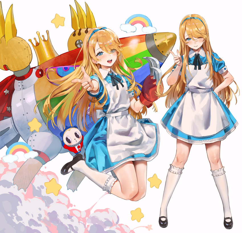 1boy absurdres apron aqua_dress black_footwear blonde_hair blue_eyes blush commentary dress full_body gompang_11 hairband highres kamui-moshiri_(persona) kneehighs kuma_(persona_4) long_hair male_focus mary_janes multiple_views one_eye_closed open_mouth otoko_no_ko persona persona_4 rainbow shoes short_sleeves socks standing star_(symbol) very_long_hair white_apron white_socks