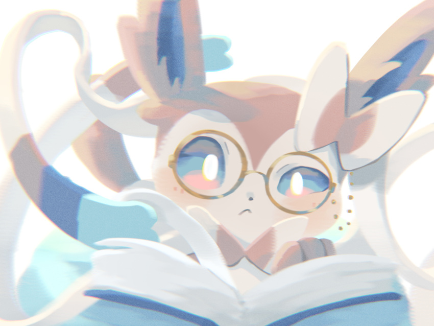 :&lt; animal_focus blue_sclera book bow bowtie chromatic_aberration closed_mouth colored_sclera commentary eyewear_strap glasses hair_bow half-closed_eye mame_(pixiv_57985908) no_humans open_book pink_bow pink_bowtie pokemon pokemon_(creature) reading ribbon round_eyewear simple_background solo sylveon uneven_eyes white_background white_eyes white_ribbon yellow-framed_eyewear
