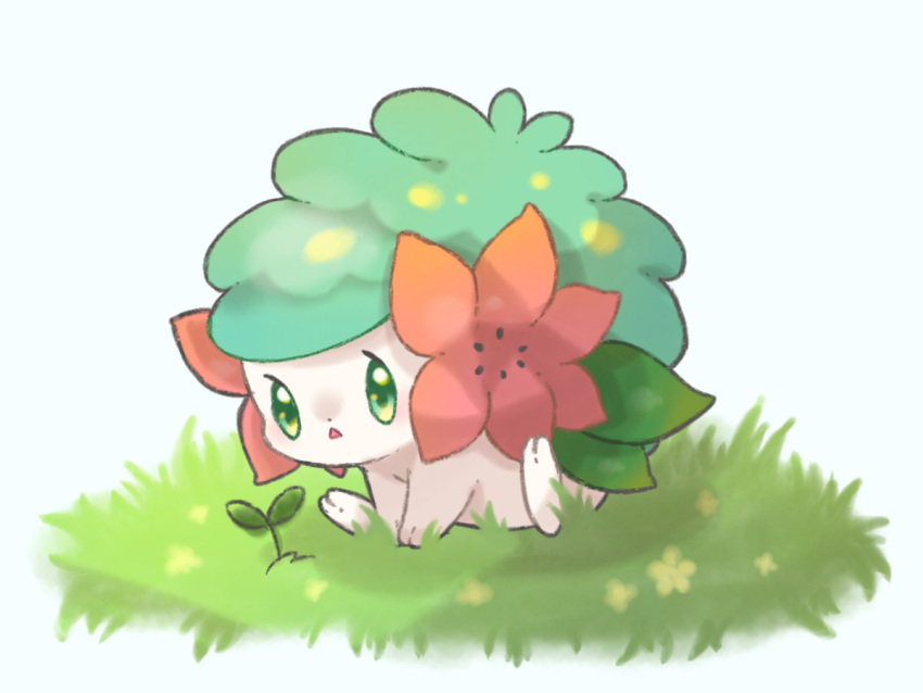 alternate_color animal_focus blue_background blush commentary flower full_body grass green_eyes light_blush looking_at_viewer no_humans on_ground open_mouth outdoors pokemon pokemon_(creature) red_flower shaymin shaymin_(land) shiny_pokemon simple_background sitting solo towa_(clonea) yellow_flower