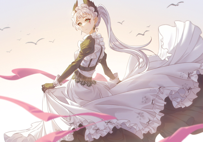 1girl absurdres apron arknights belt black_dress black_gloves closed_mouth dress earrings feet_out_of_frame from_behind gloves green_eyes grey_hair head_wings highres innoarukugyou irene_(arknights) irene_(voyage_of_feathers)_(arknights) jewelry juliet_sleeves long_hair long_sleeves looking_at_viewer looking_back maid official_alternate_costume ponytail puffy_sleeves scar scar_across_eye scar_on_face smile solo standing white_apron wings