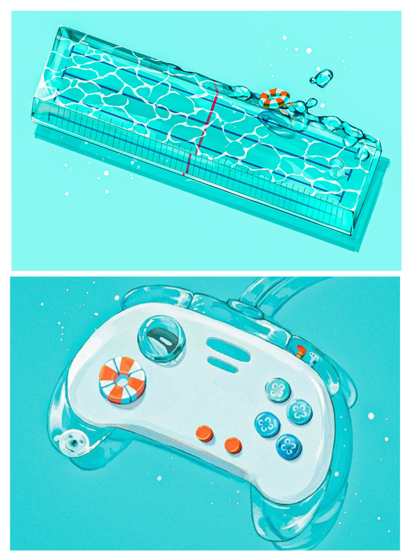 absurdres aqua_background border buttons controller floating floating_object game_controller highres light_blue_background light_particles no_humans orca original pool ripples shadow snake tragic_vacance6 water water_drop wet white_border wire